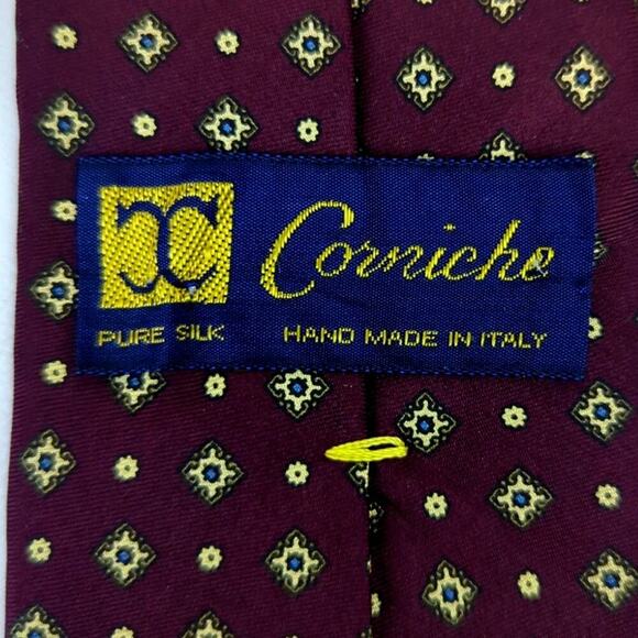 Corniche Pure silk tie Burgundy and Yellow Star print Tie - Picture 2 of 5